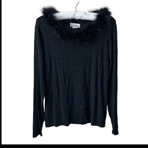 Black Long Sleeve Top with Black Maribou Feather Trim Neck Vintage Large